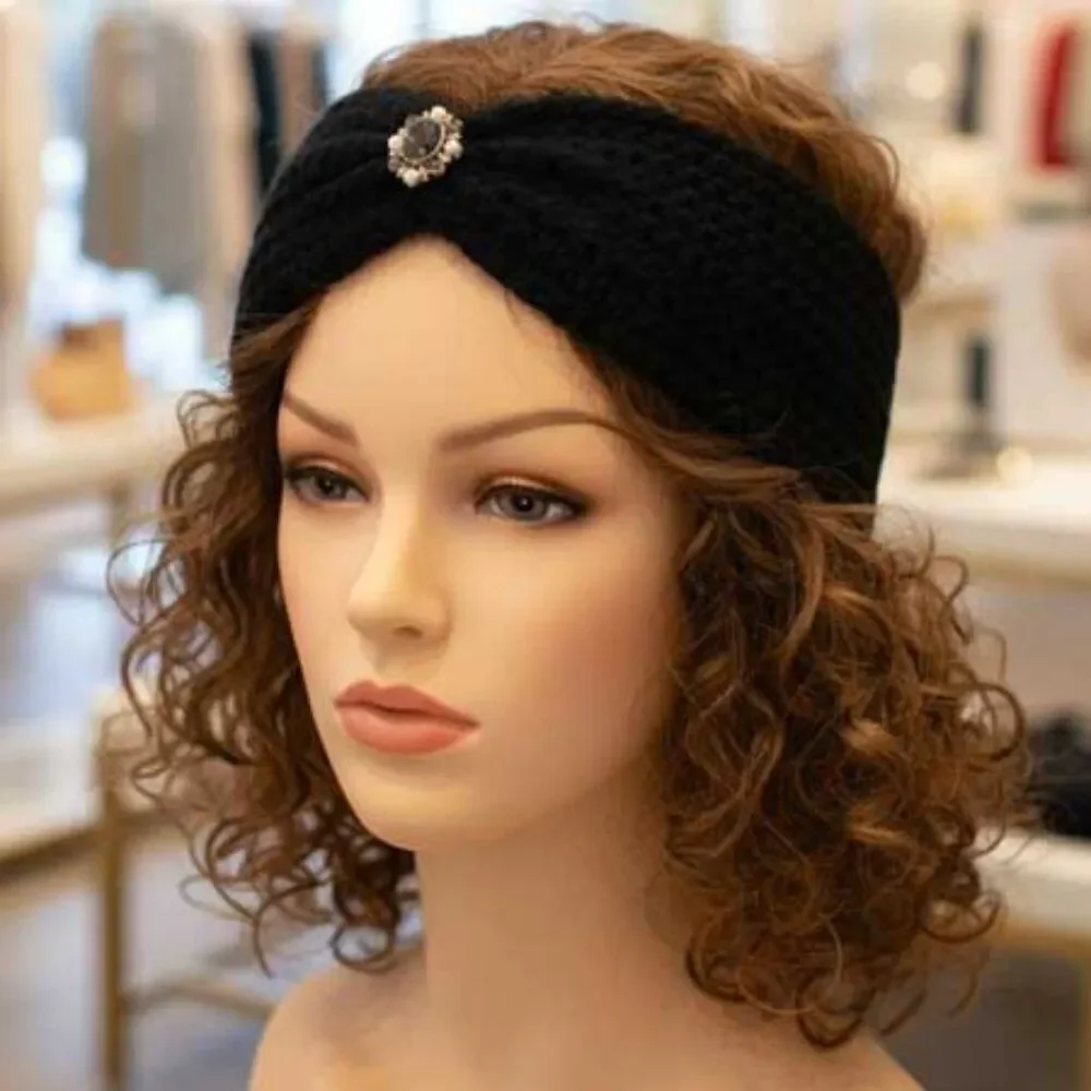Ladies Black Vintage Style Jewel Knitted Winter Headband
